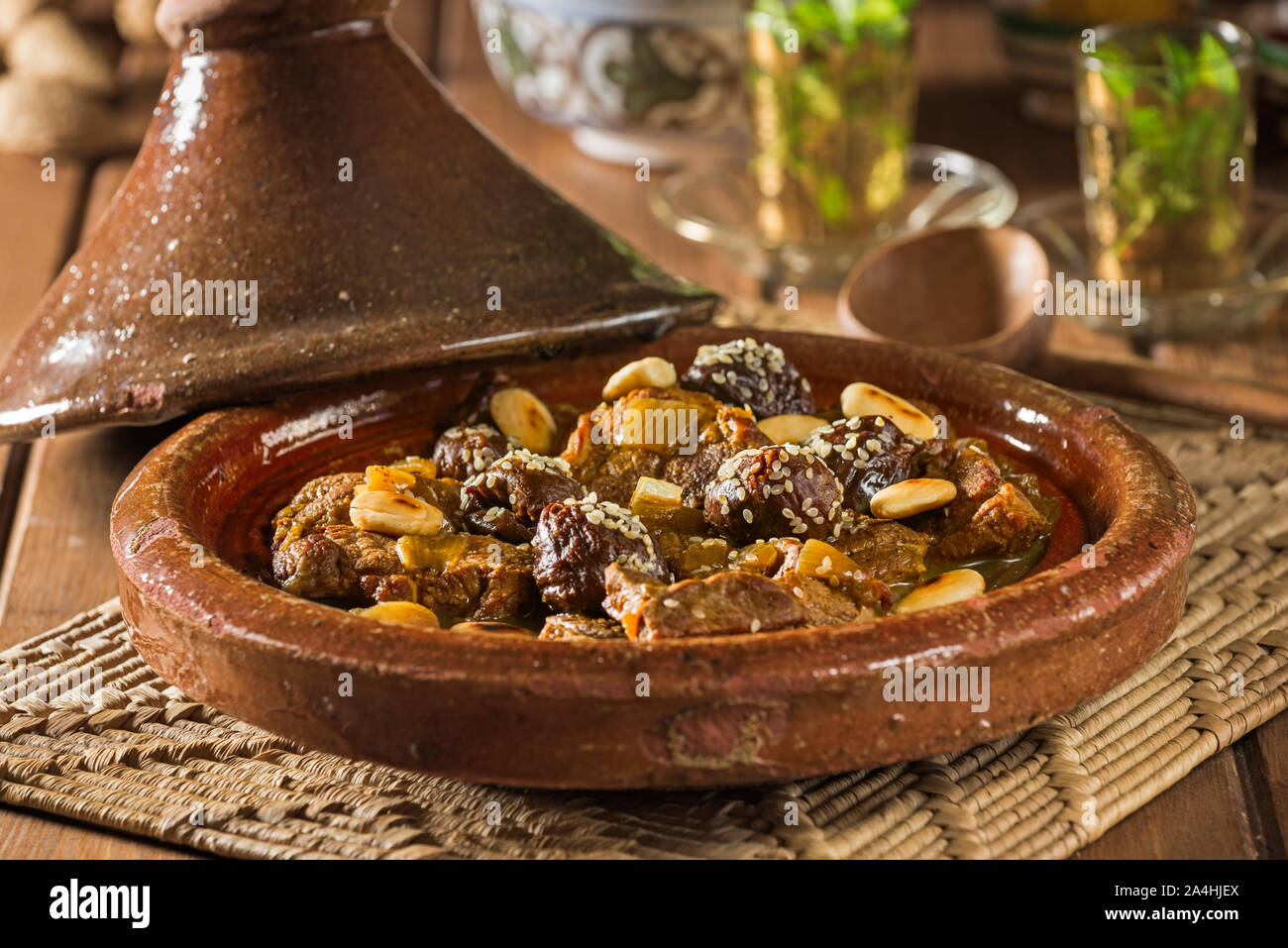 Tagine of lamb with prunes and almonds. Morocco Food Stock Photo