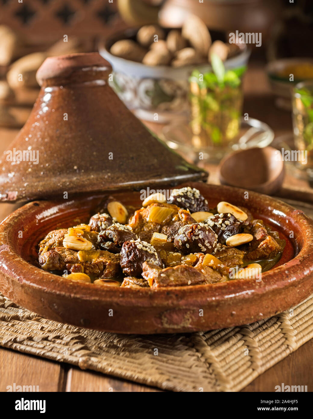 Tagine of lamb with prunes and almonds. Morocco Food Stock Photo Alamy