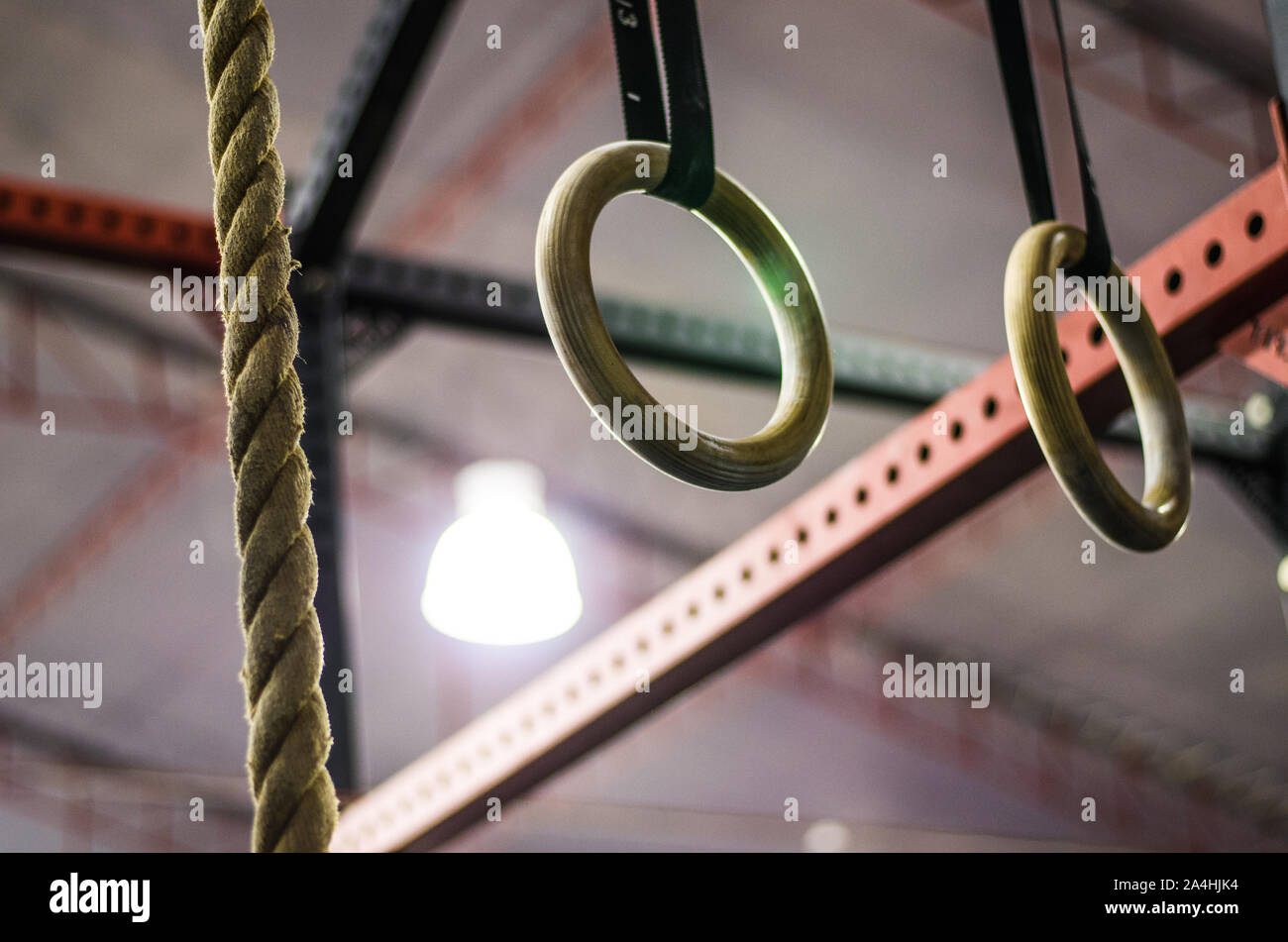 Gymnastic rings in crossfit gym, workout background interior ...