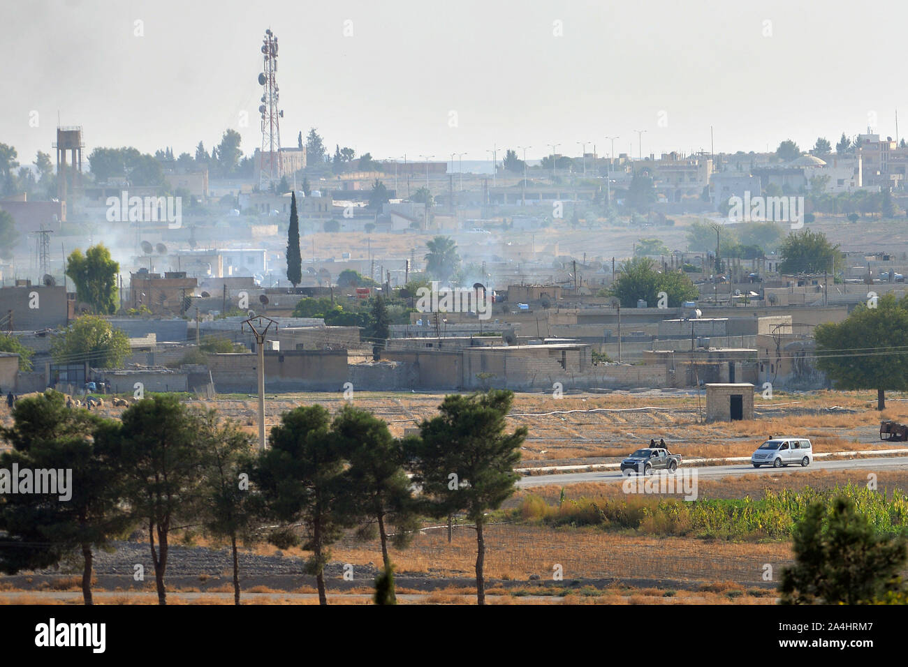 Ankara. 13th Oct, 2019. Members of the 'Syrian National Army' head for Tal Abyad in northern Syria from Turkish border town of Akcakale on Oct. 13, 2019. Turkish Armed Forces have taken control of Tal Abyad and Ras Al-Ayn towns in northern Syria, Turkish Minister of Defense Hulusi Akar said on Monday. Credit: Mustafa Kaya/Xinhua/Alamy Live News Stock Photo