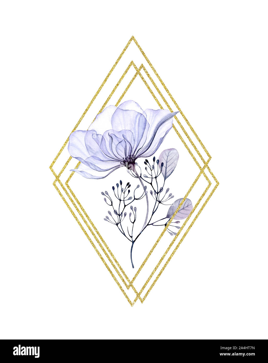 Watercolor Transparent Rose rhomb frame with golden glitter. Vertical arrangement with purple blue flowers, leaves and shiny foil. Hand painted floral Stock Photo