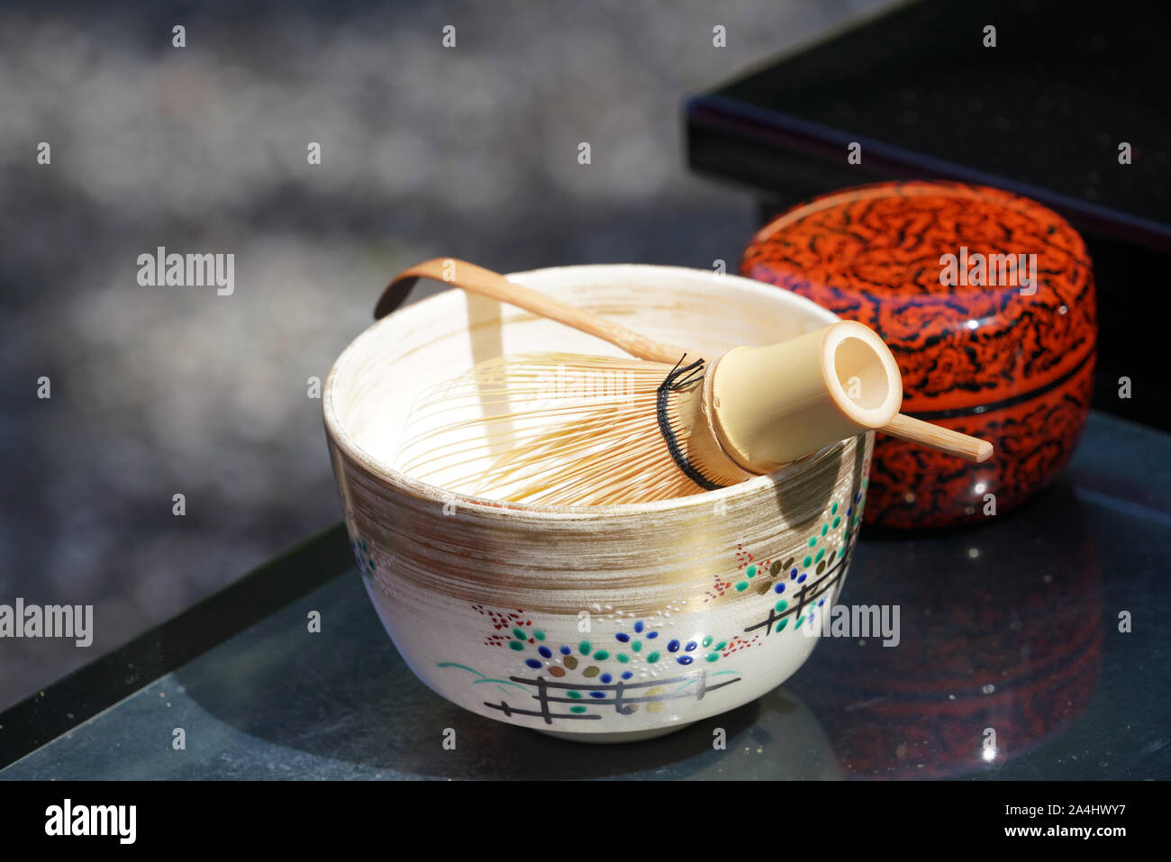 Tea bowl with tea whisk used in Japanese matcha green tea ceremony Stock Photo