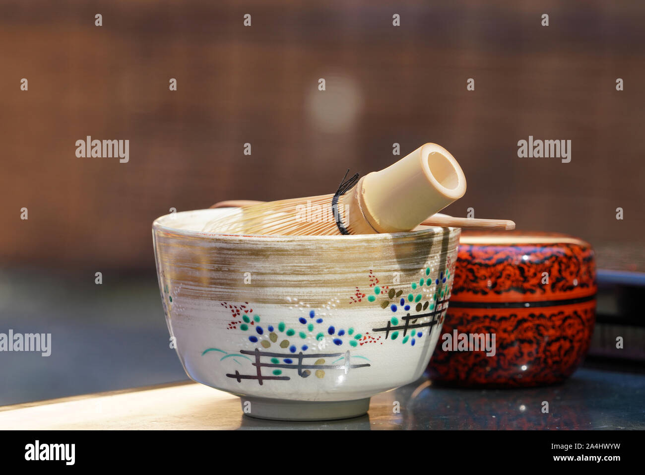 Tea bowl with tea whisk used in Japanese matcha green tea ceremony Stock Photo