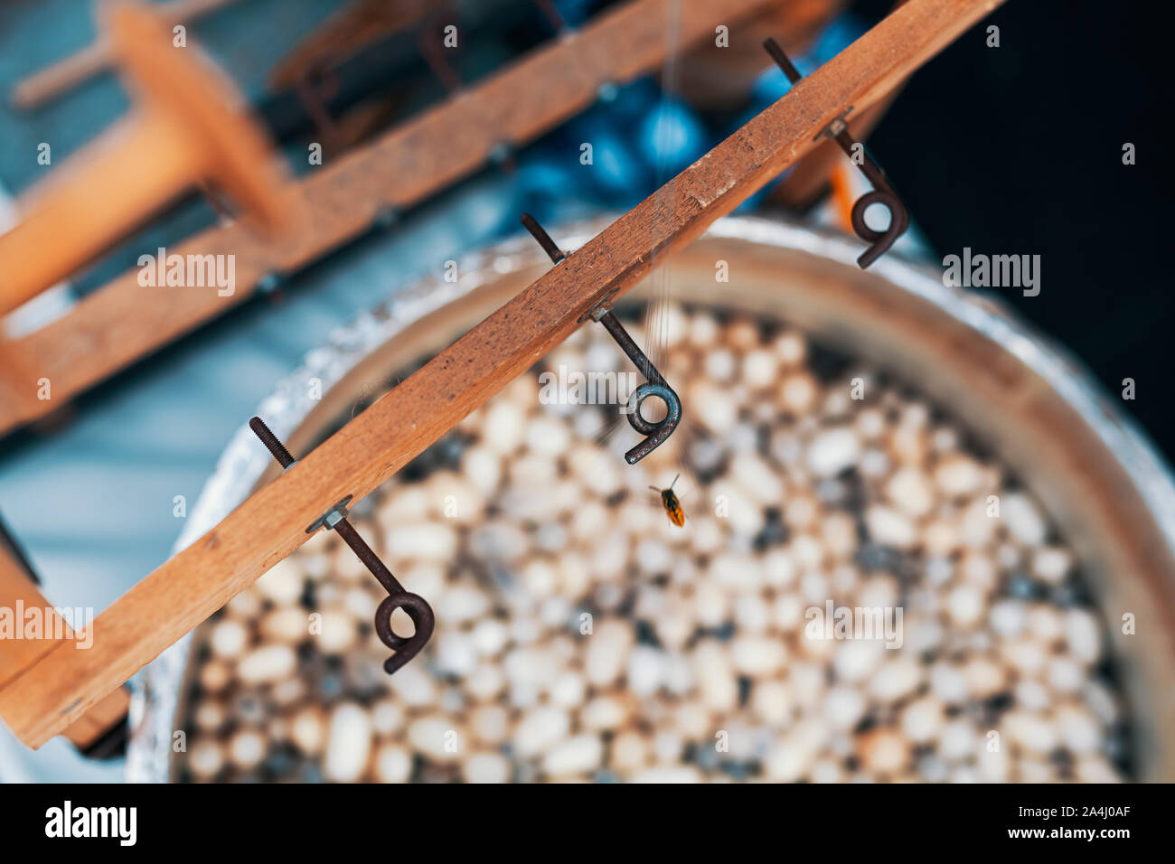 silkworm cocoons in hot water in cauldron. Traditional spinning wheel machine for making natural silk from silkworm. Silk reeling process. Stock Photo