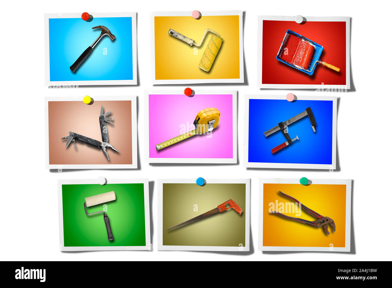 Instant photo on White background and Set of work tools isolated on colored background Stock Photo