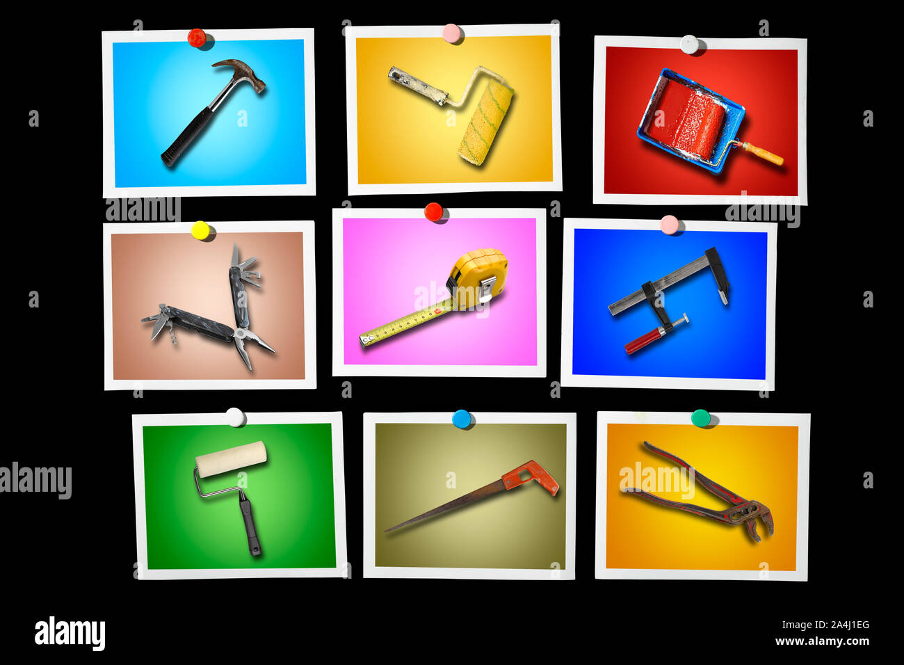 Instant photo on Black background and Set of work tools isolated on colored background Stock Photo