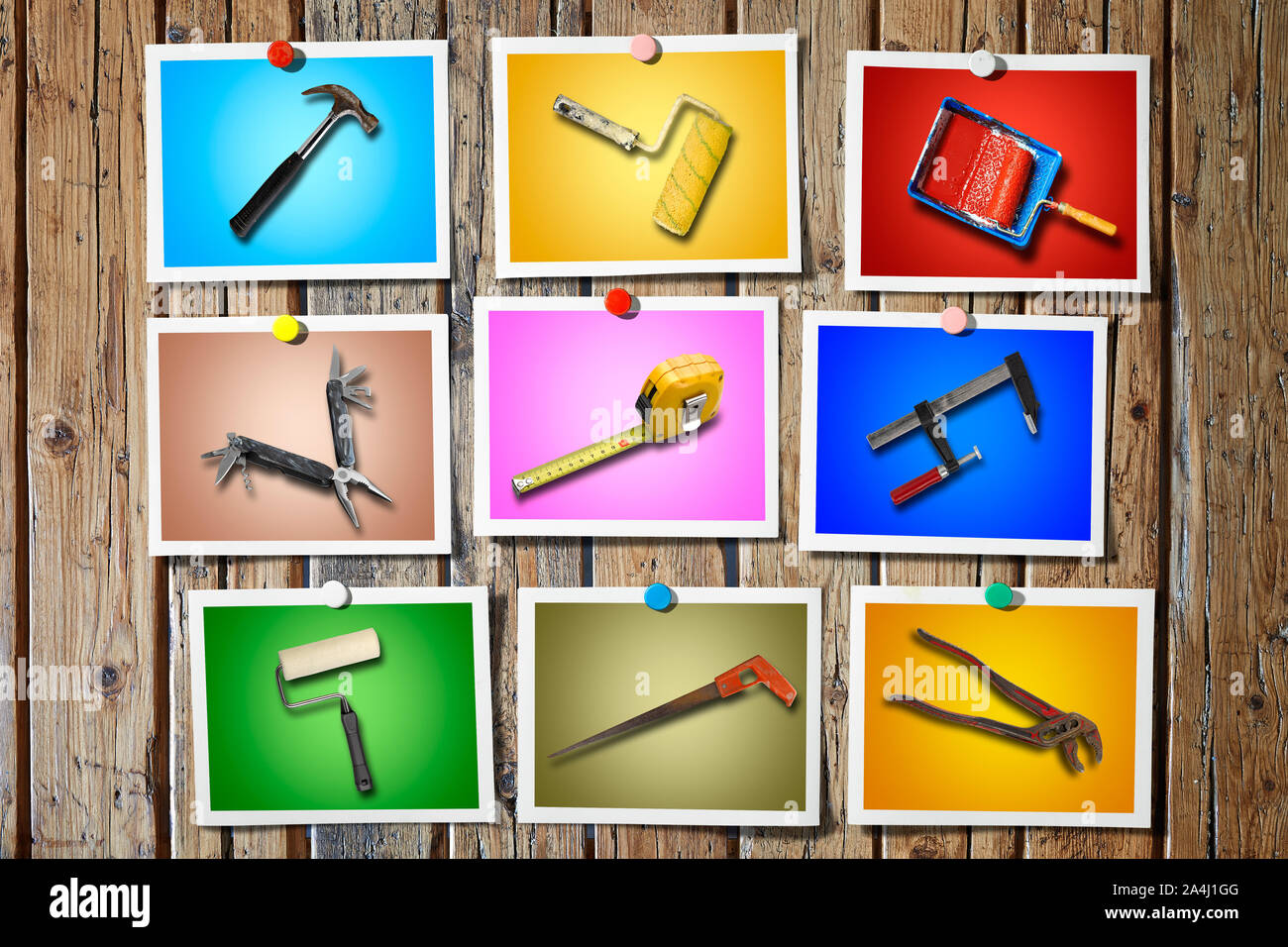 Instant photo on rustic Wooden background and Set of work tools isolated on colored background Stock Photo