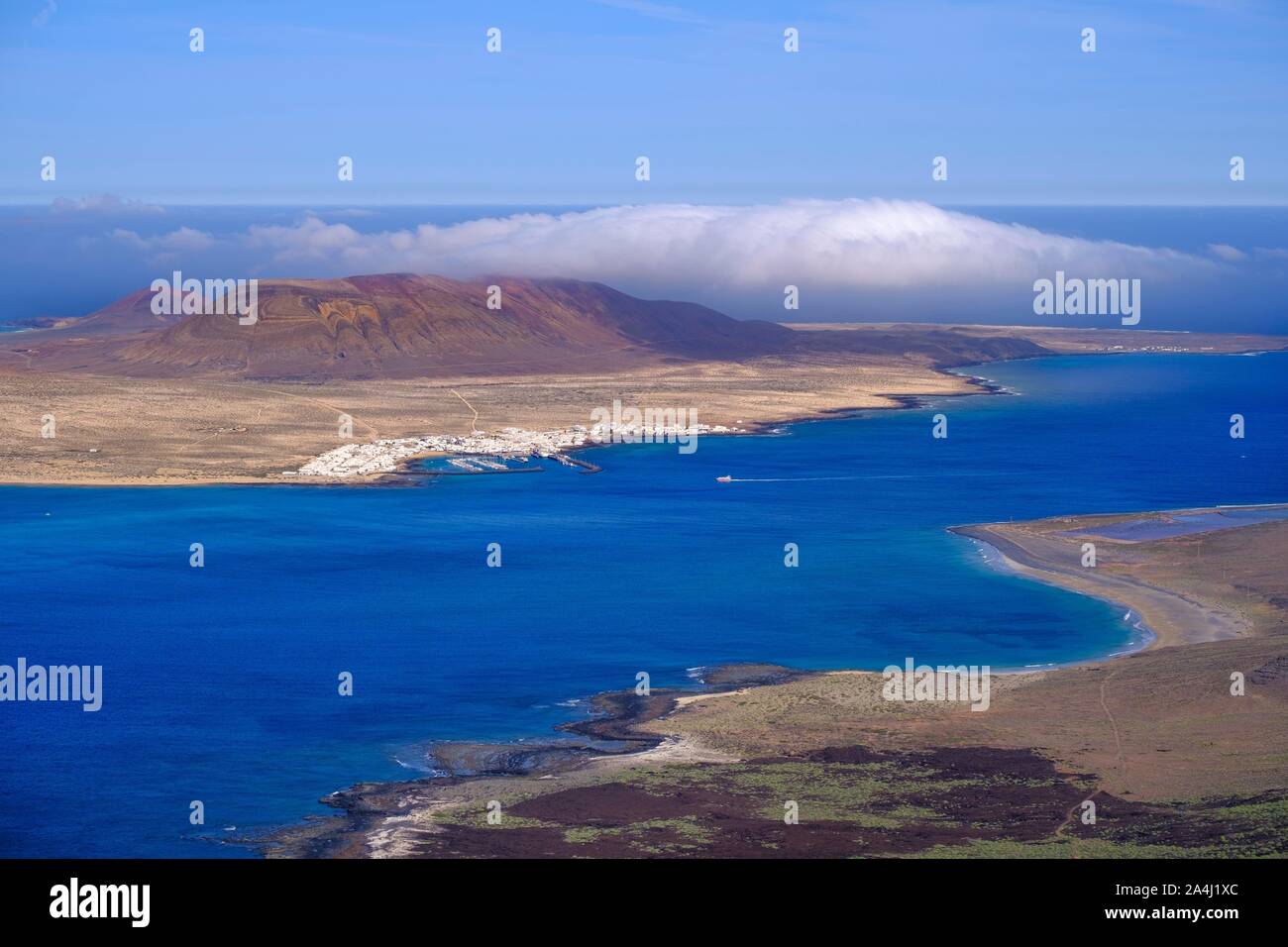 Place Caleta del Sebo on La Graciosa Island, View from Risco de Famara, Lanzarote, Canary Islands, Spain Stock Photo