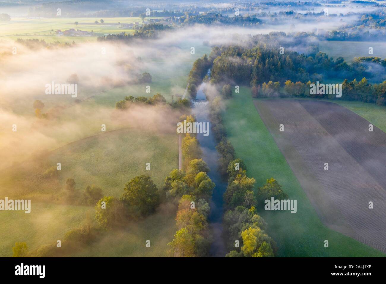 Loisach in the morning mist, between Achmuhle and Gelting near Geretsried, Tolzer Land, aerial view, Upper Bavaria, Bavaria, Germany Stock Photo