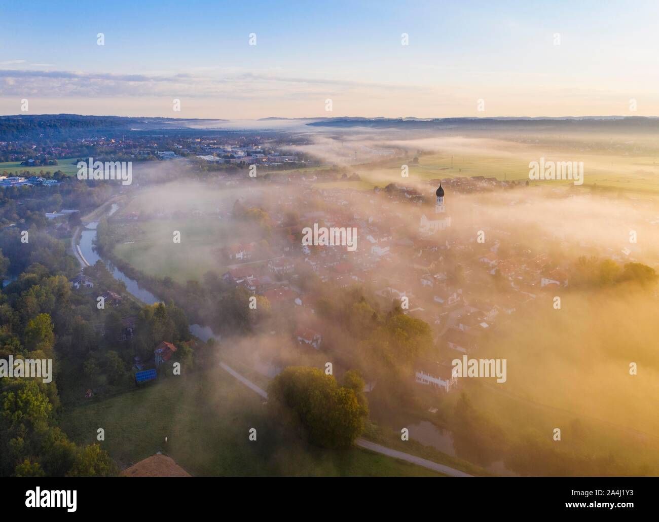 Place Gelting and Loisach canal in the fog at sunrise, near Geretsried, Tolzer Land, aerial view, Upper Bavaria, Bavaria, Germany Stock Photo