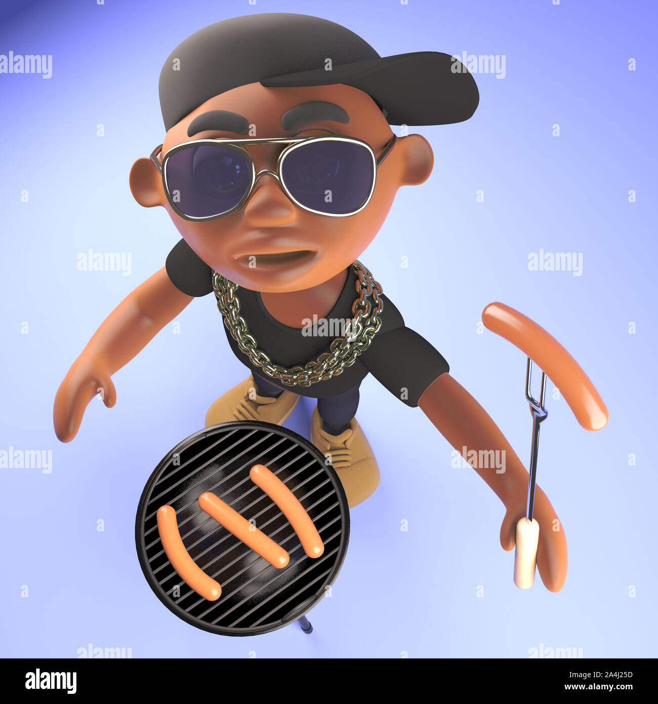 Black hiphop rap artist cooks some sausages on a bbq, 3d illustration ...