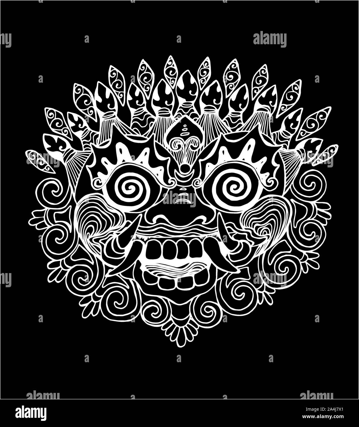 Iilustration of a Thai mask. Black and white drawing of the eastern deity. Chalk on a blackboard. Stock Vector