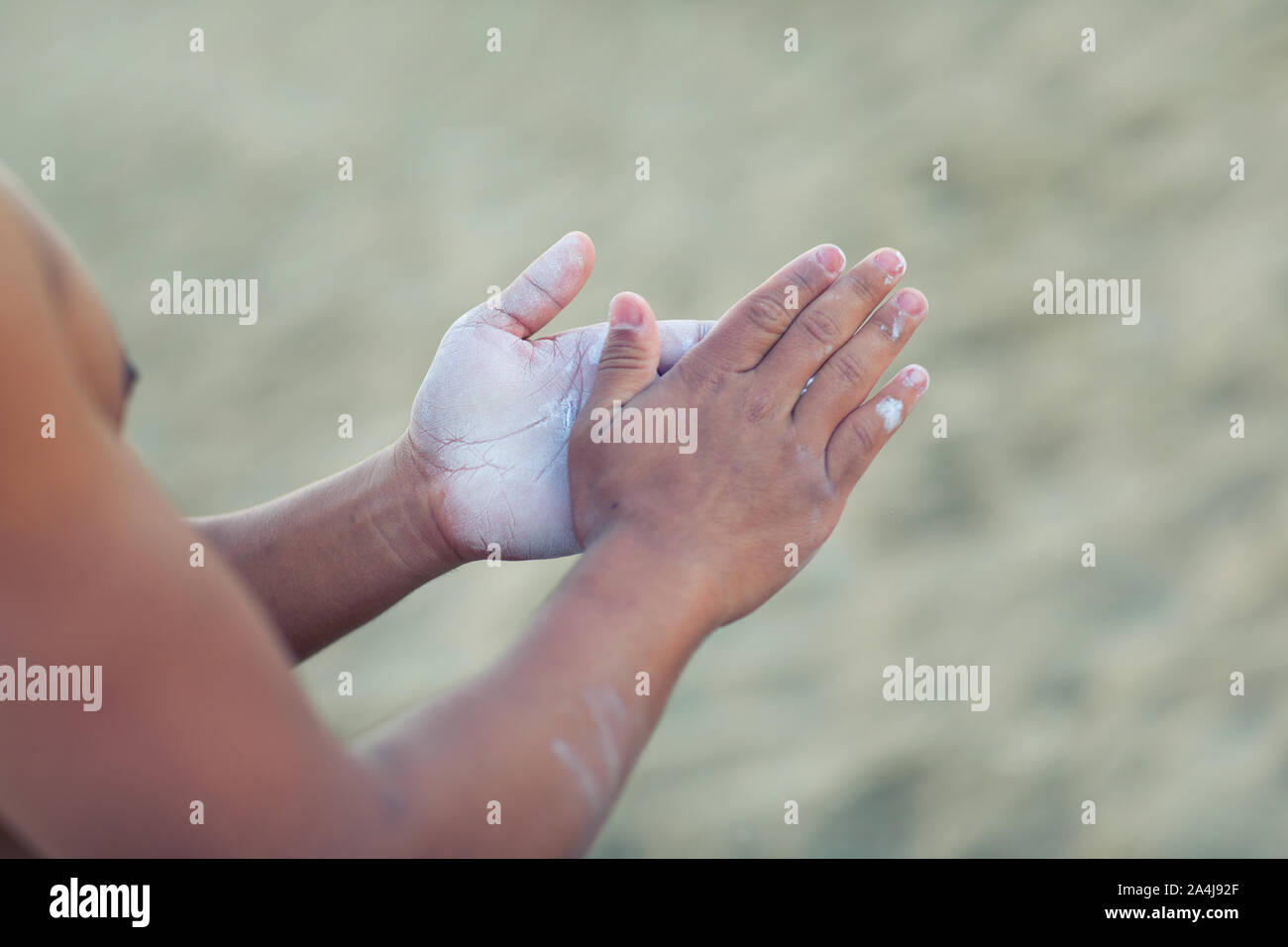 Gym Chalk hands clapping man for climbing workout on the beach, muscle