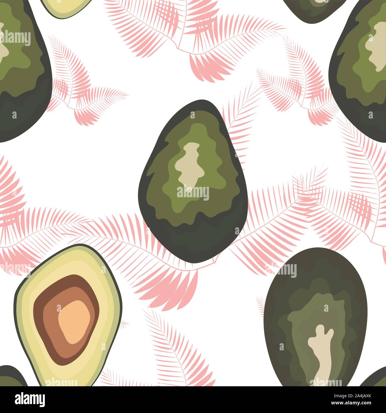 Trendy print with avocado and palm leaves. Seamless pattern with fruits ...