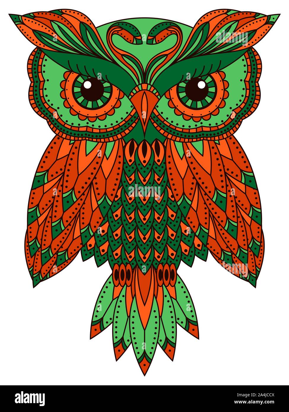 Amusing and serious owl with big eyes in orange and green hues isolated on the white background, cartoon vector artwork Stock Vector