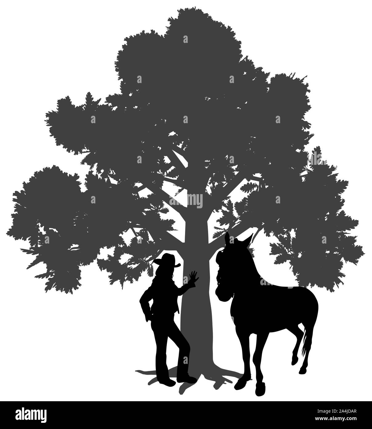 Young woman standing with horse under oak tree. Young girl is leaning against a tree. Woman leaned a hand on trunk of tree. Stock Photo