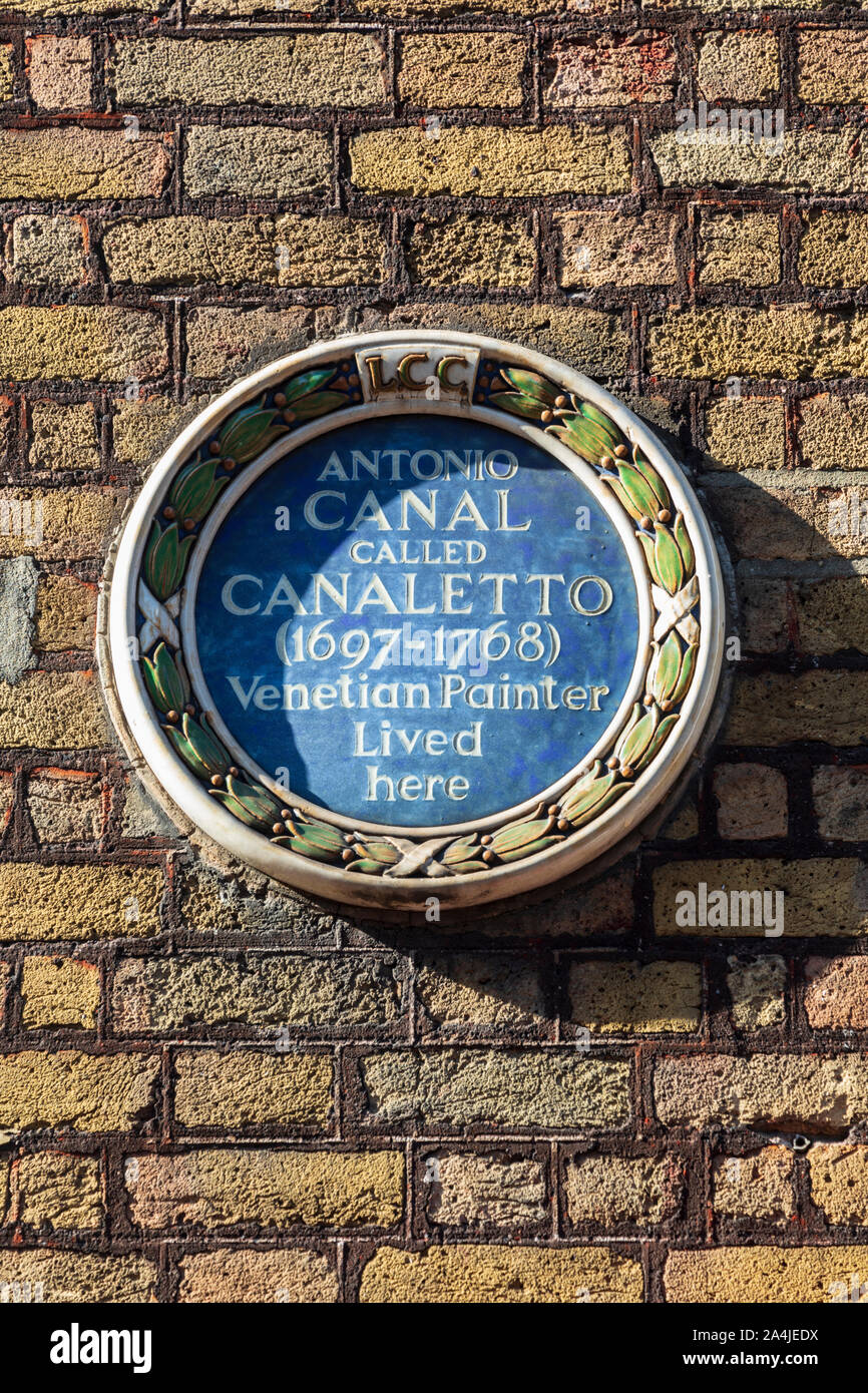 Blue Plaque commemorating the Venetian painter Antonio Canaletto Canal at 41 Beak Street, Soho, City of Westminster, London, England, UK. Stock Photo