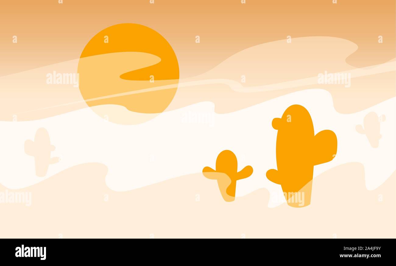 Desert landscape banner with cacti, big orange sun, sandstorm. Beautiful Sahara flat drought sunset illustration. Cartoon wild west texas. Wilderness Nature view. Hot sands empty space vector concept. Stock Vector