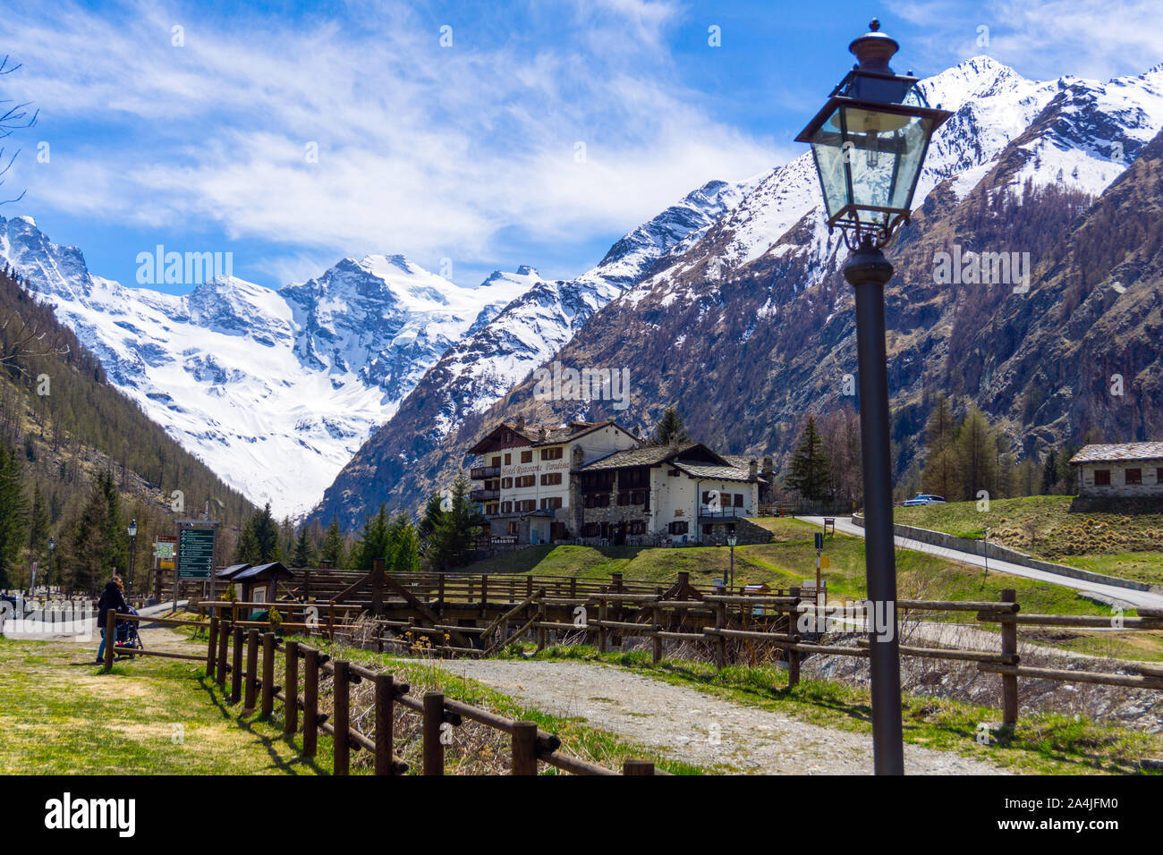 Italy, Aosta Valley, Valnontey, Gran Paradiso mountain in backgroung, Paradisia hotel Stock Photo