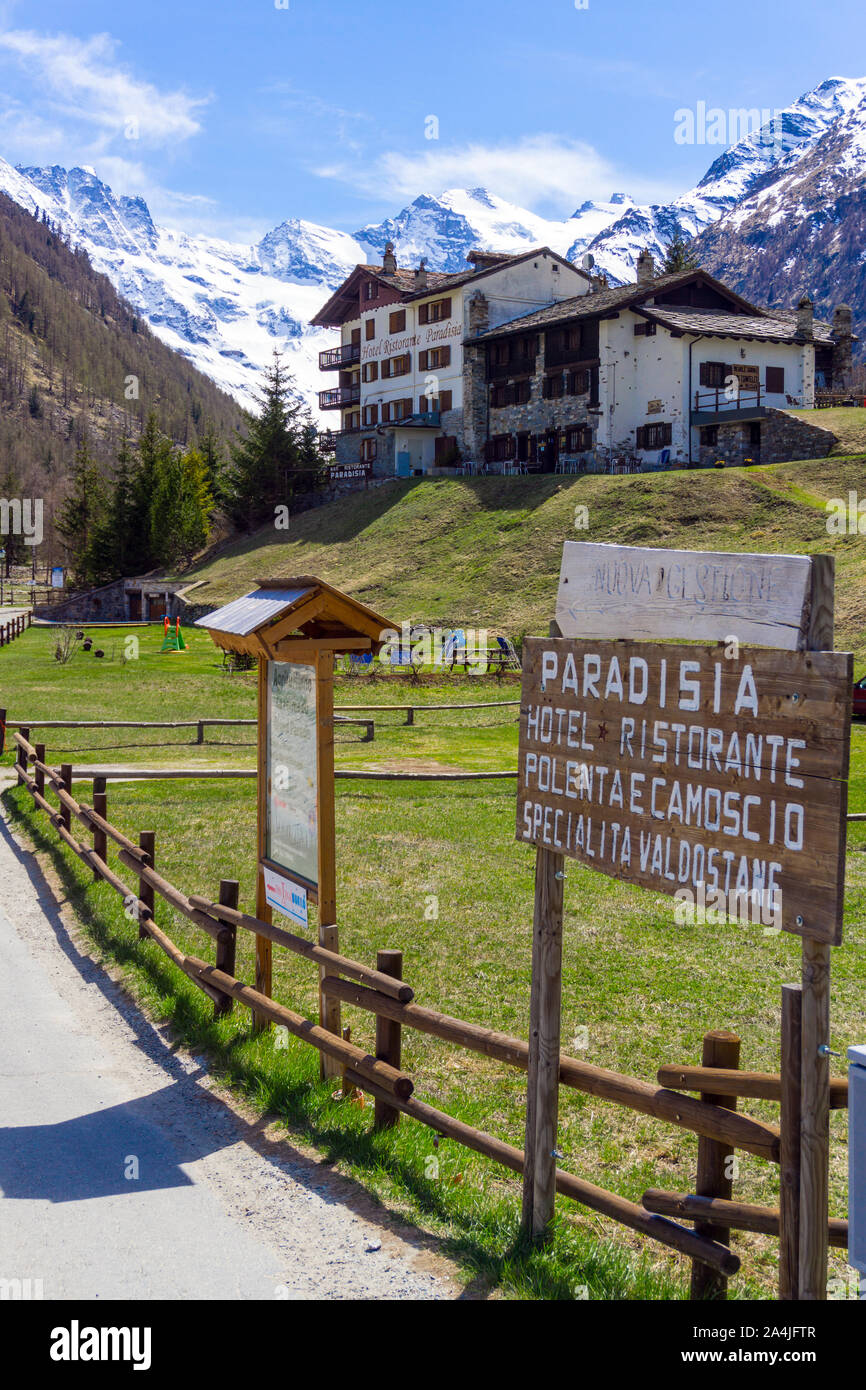 Italy, Aosta Valley, Valnontey, Gran Paradiso mountain in backgroung, Paradisia hotel Stock Photo