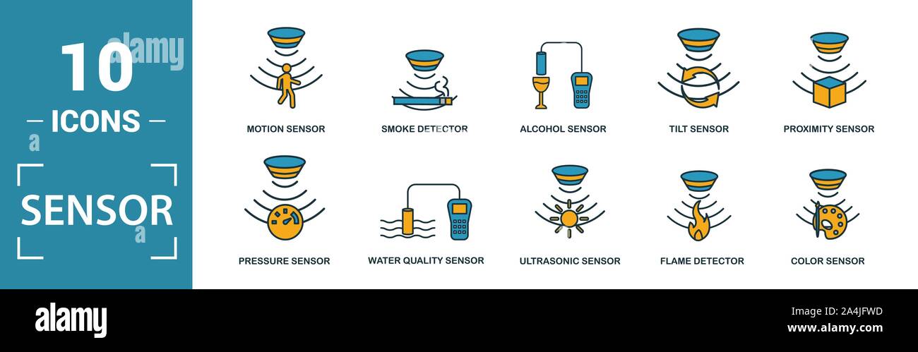 Sensor icon set. Include creative elements water quality sensor, smoke detector, gas, rain sensor, humidity sensor icons. Can be used for report Stock Vector