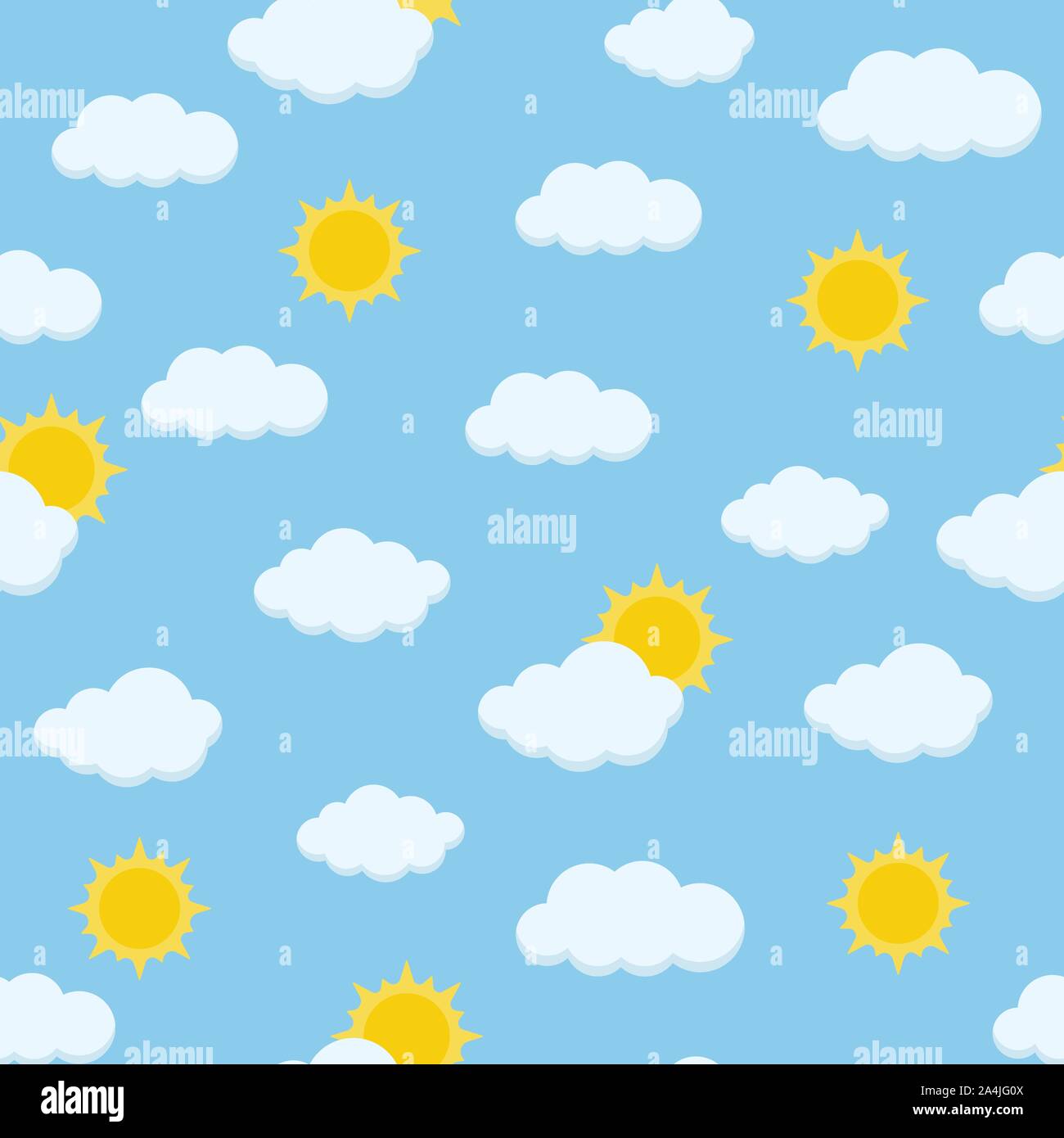 Sunny day sky cute vector seamless pattern with fluffy clouds and shining sun on the blue heaven background. Endless texture for web, covers, banners, Stock Vector