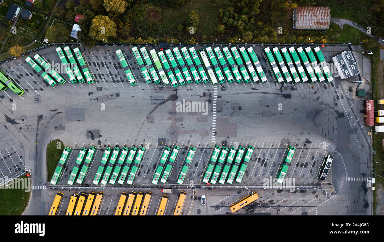 elevated view of busses in a parking lot Stock Photo