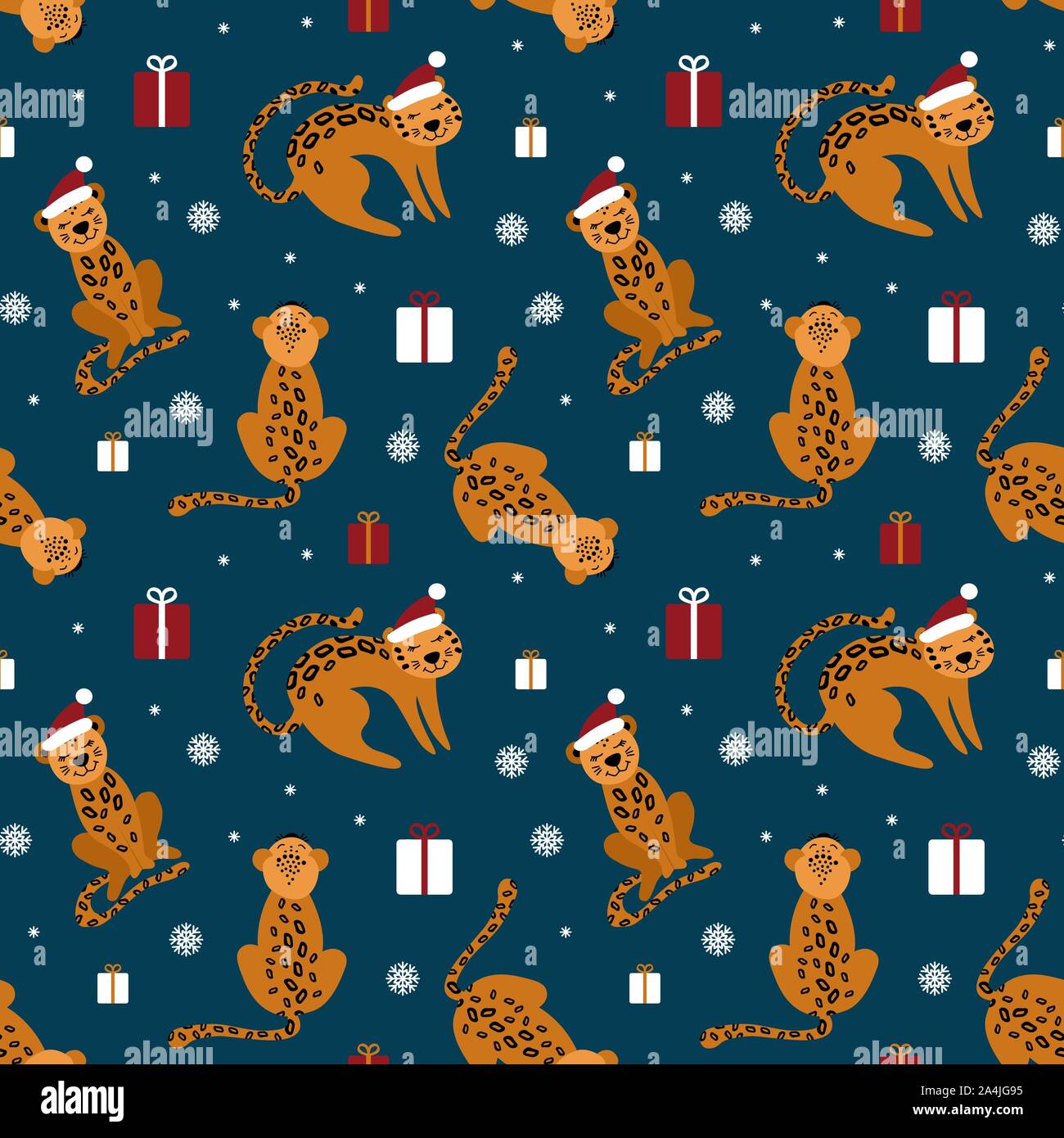 Christmas seamless pattern with cute leopards. Funny african animals with presents and snowflakes on dark background. Flat vector illustartion. Stock Vector