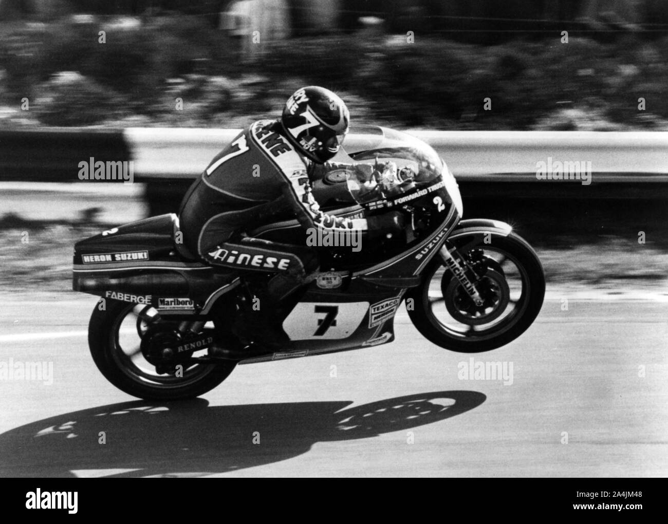 1975 Suzuki 500cc, Barry Sheene at Mallory Park. Stock Photo