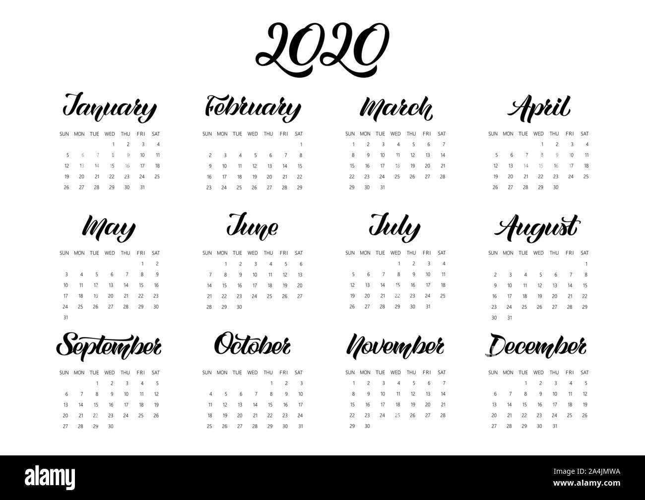 Vector Calendar Planner for 2020 Year with handdrawn lettering and ...