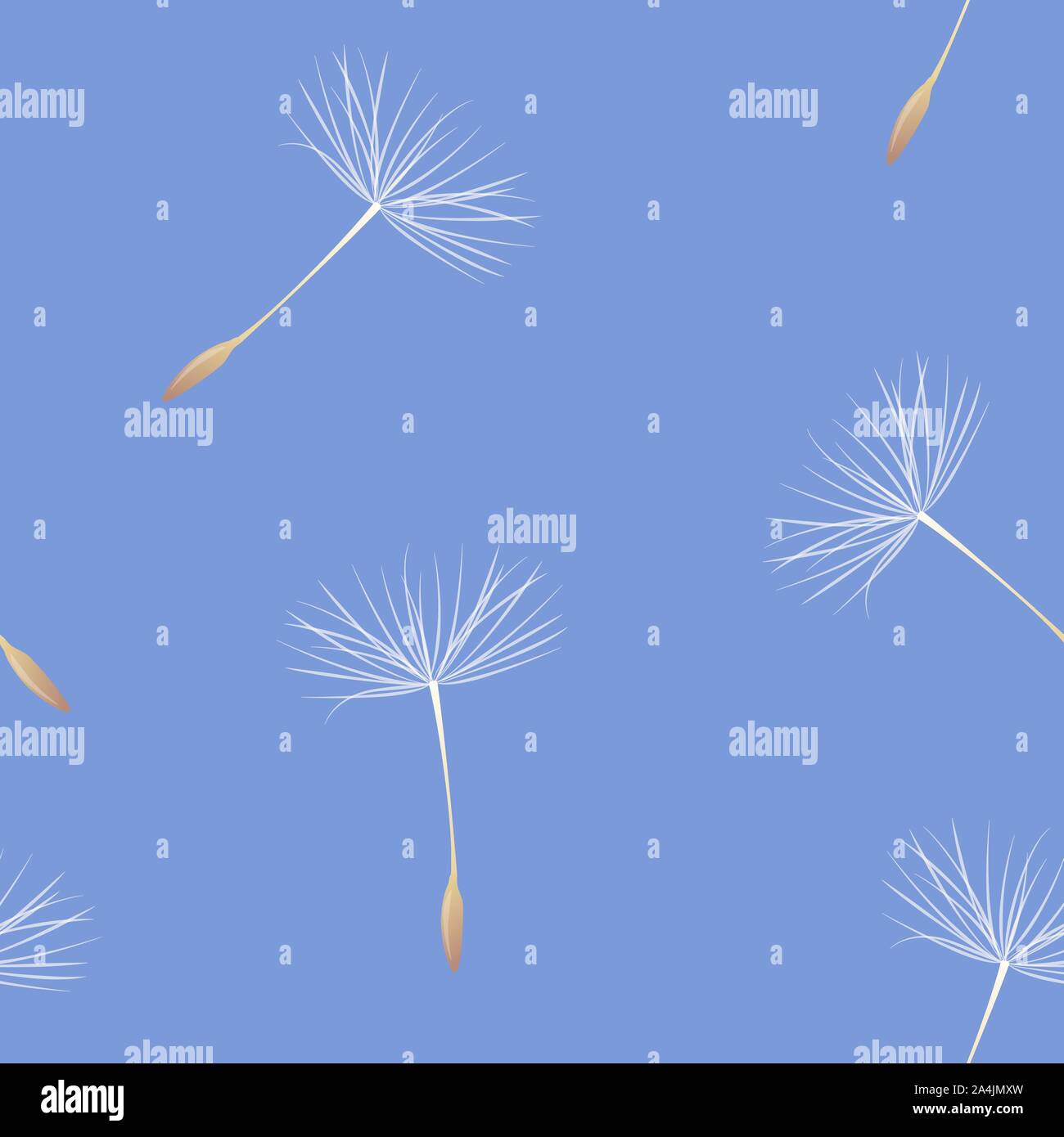 Dandelion fluff on blue seamless pattern background. Card with blowball seeds for cover or wrapper. Textile design texture. Nature backdrop. Vector summer template. Stock Vector