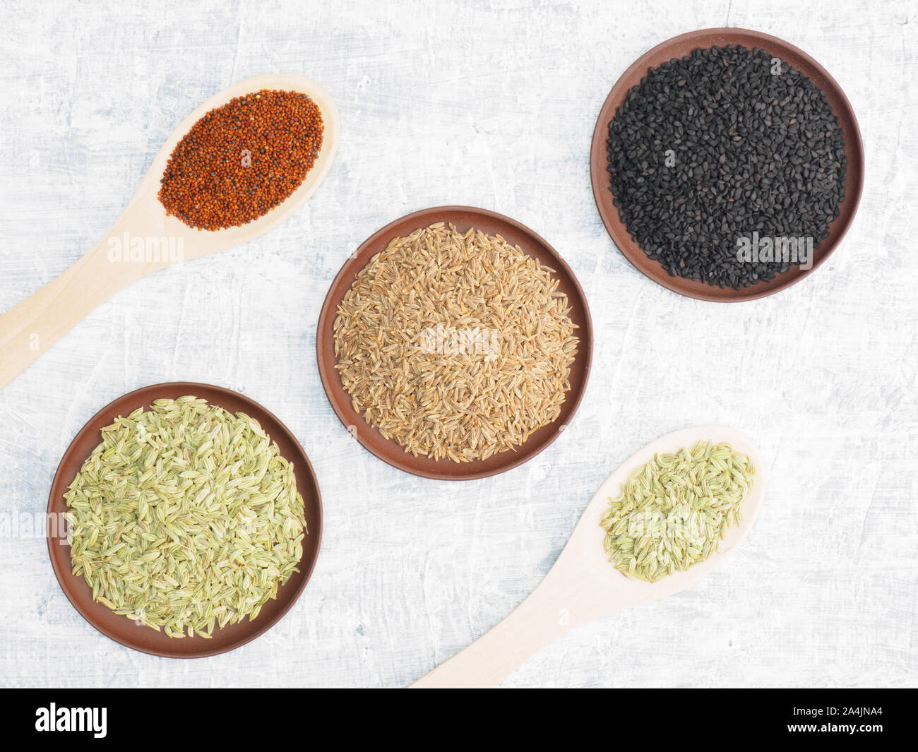 Spices set on concrete background in clay plate and spoon. Black cumin, jeera, fennel, mustard seeds. Modern apothecary, naturopathy and ayurveda conc Stock Photo