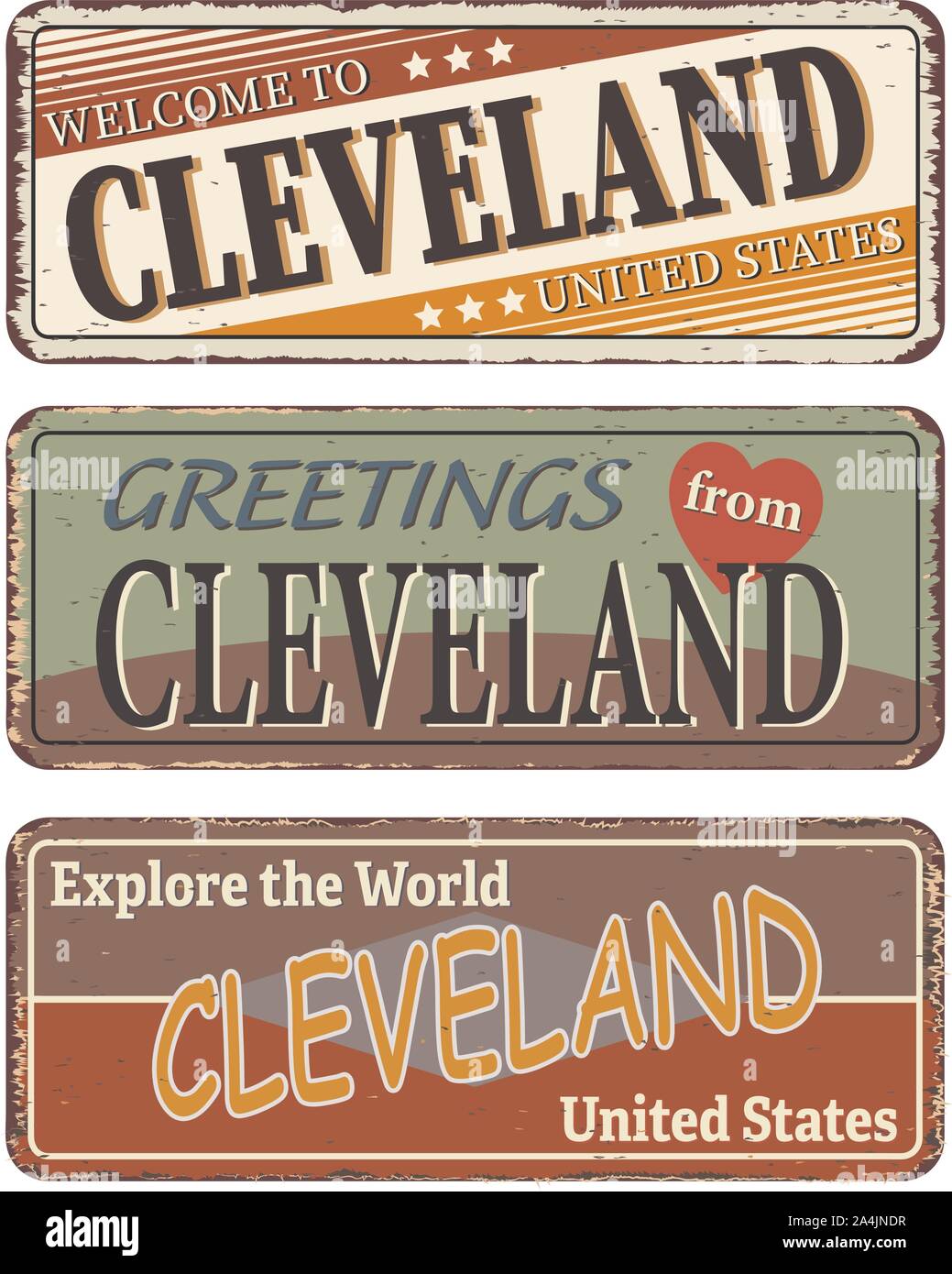 Cleveland State. Retro souvenirs or old paper postcard templates on rust background Stock Vector