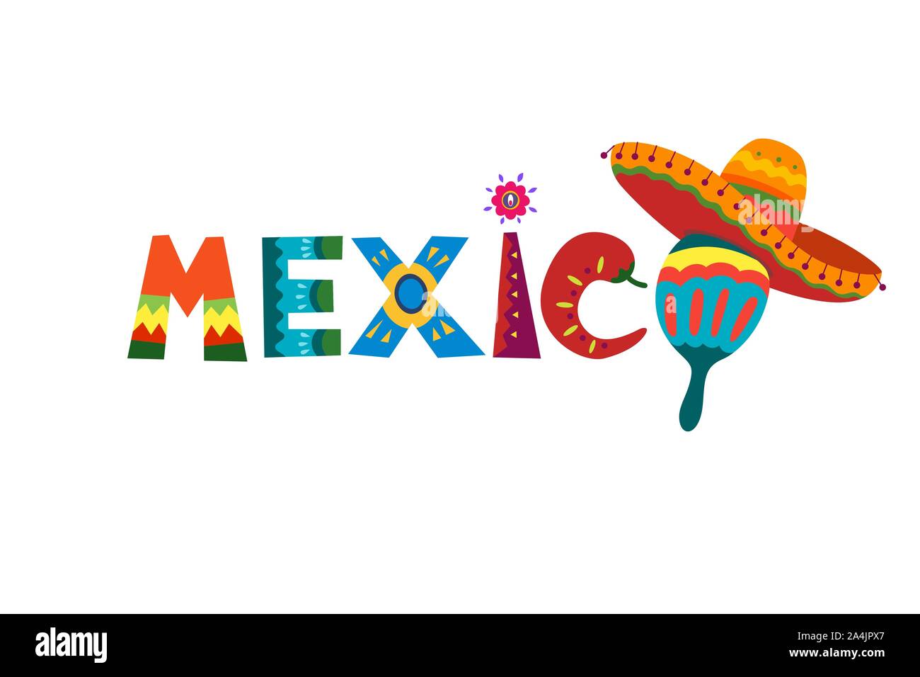 Mexico word in Mexican traditional ornament text for festive card or invitation design. Bright element sun with fiesta style chilli and sombrero. Colorful ethnic lettering vector illustration Stock Vector