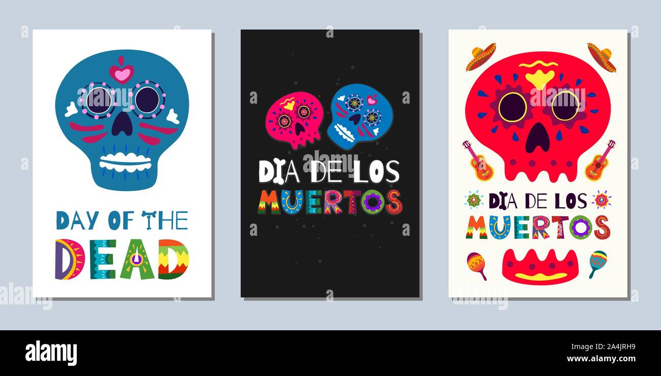 Mexican Day of the Dead Dia de Los Muertos banners. National festival greeting cards with hand drawn lettering flowers skulls on dark and white background. Vector illustration poster set Stock Vector