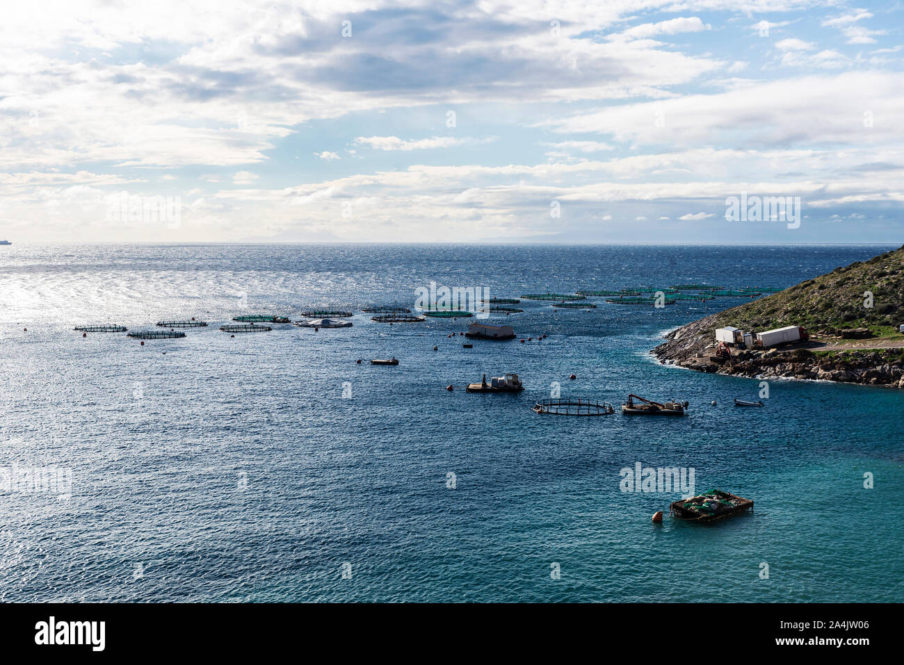 Overview of a fish farming in the Aegean Sea on the coast of East Attica in Greece Stock Photo