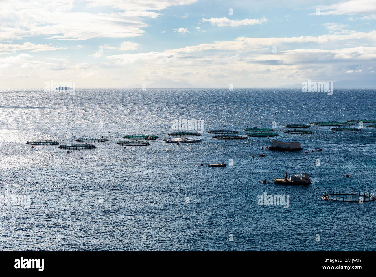 Overview of a fish farming in the Aegean Sea on the coast of East Attica in Greece Stock Photo