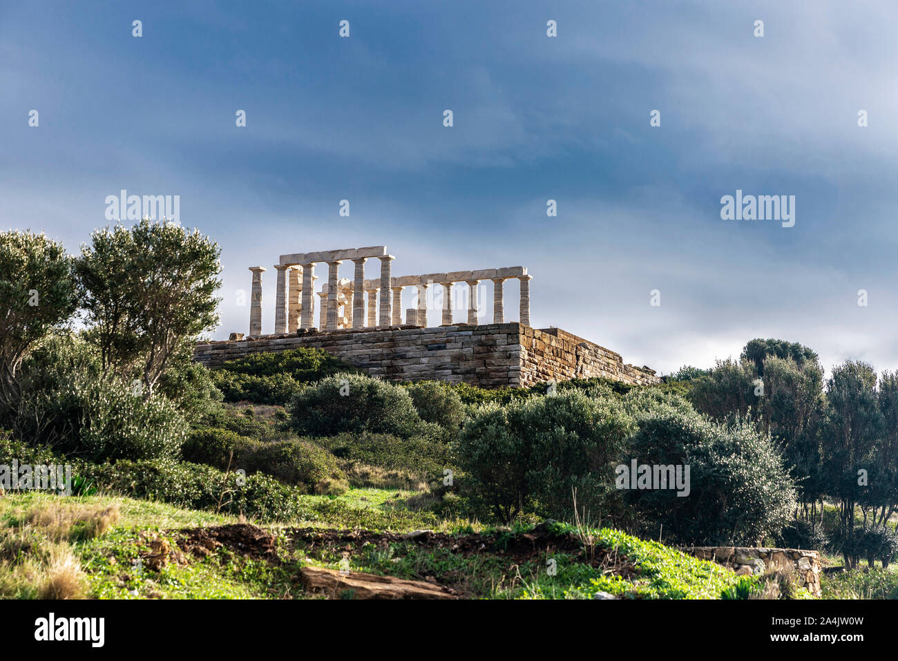 Ancient Greek temple of Poseidon at Cape Sounion in the coast of East ...