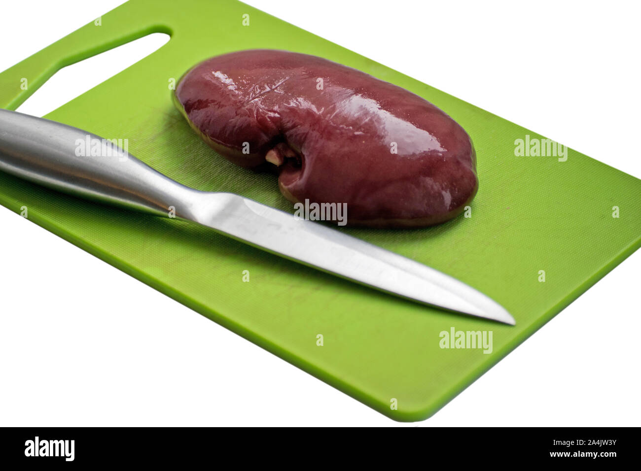 Fresh pork kidney on a cutting board. Stock Photo
