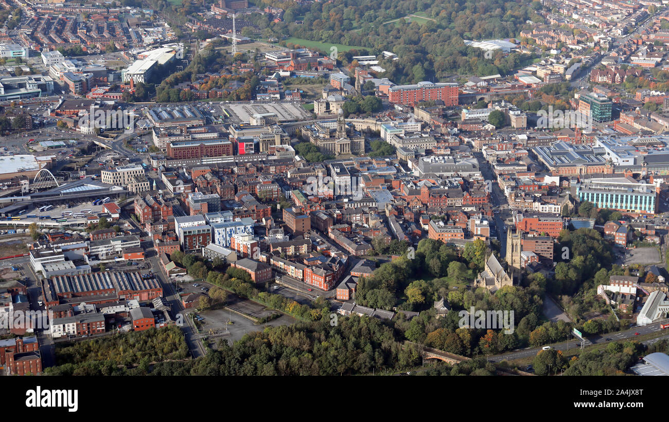 aerial view of Bolton town centre from the east looking across St Peters Way towards the Town Hall, Stock Photo