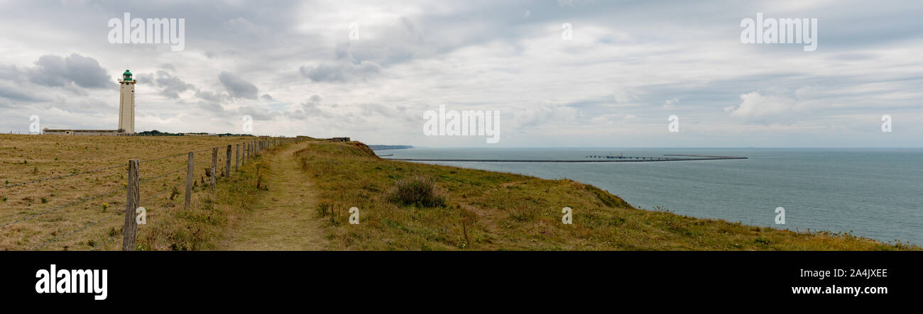 La-Poterie-de-Cap-d'Antifer, Seine-Maritime / France - 14 August, 2019: panorama view of ocean and coast with green fields and jagged cliffs Stock Photo