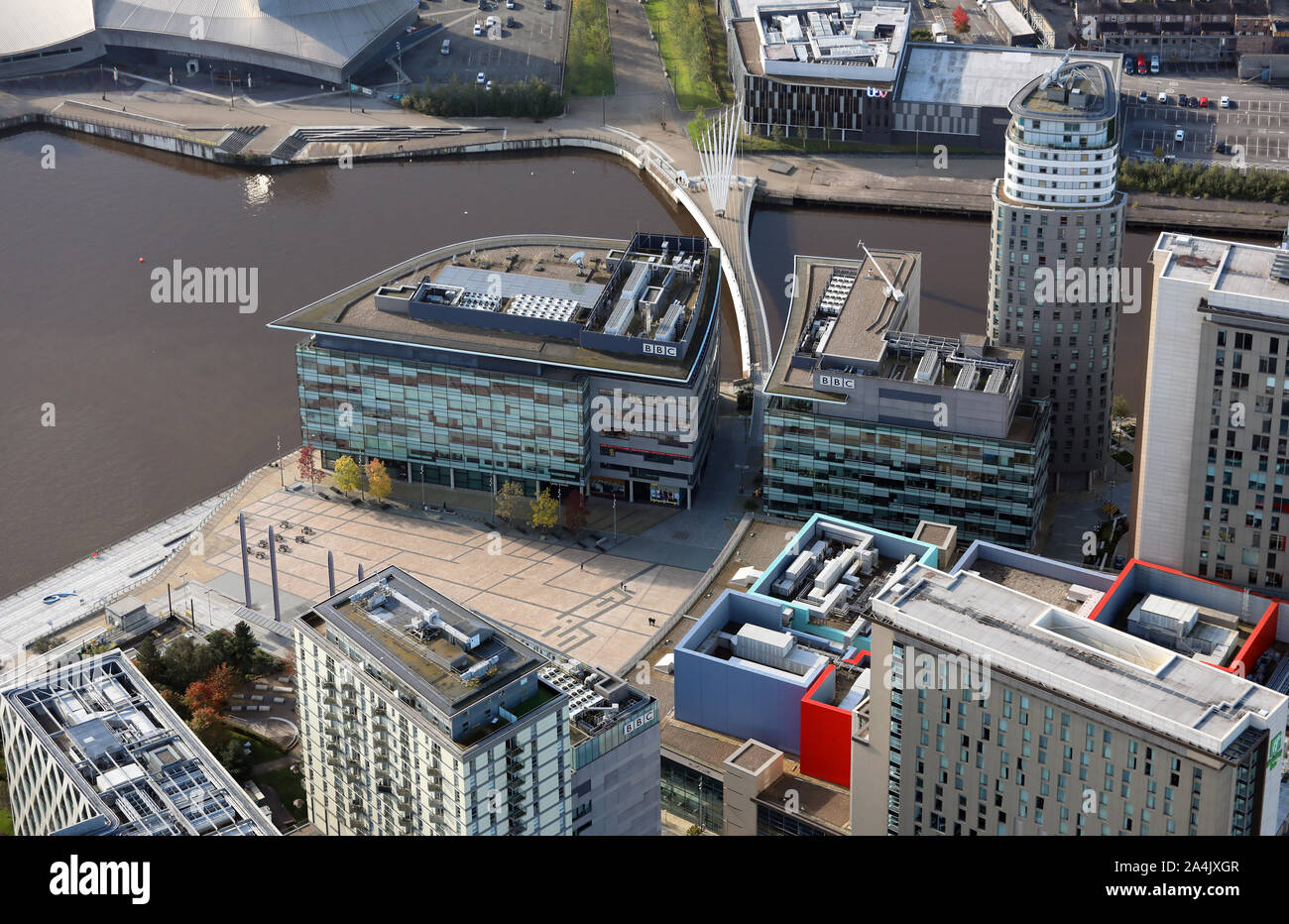 aerial view of MediaCity UK at Salford Quays, Manchester, UK Stock Photo