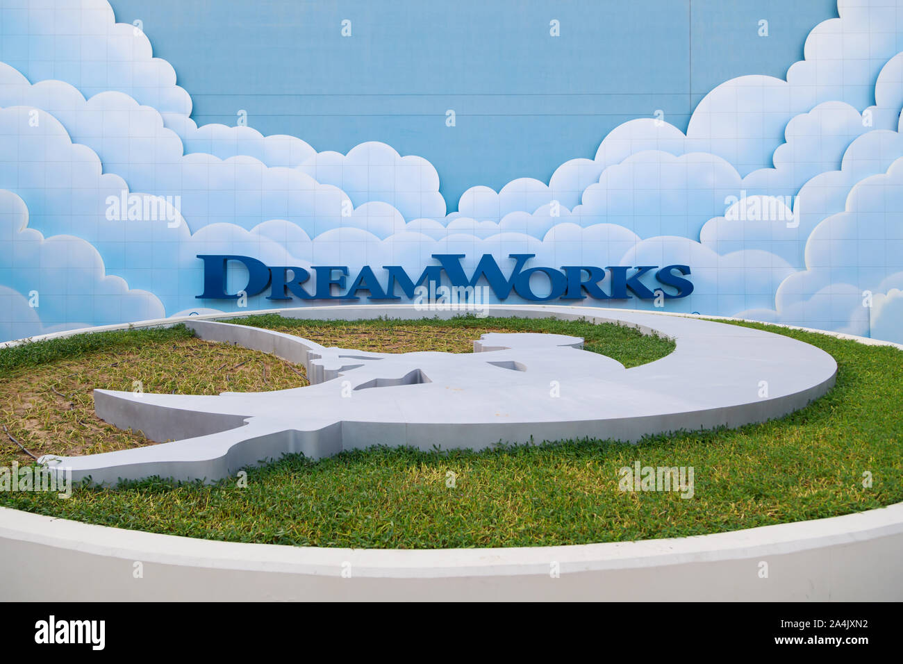 DUBAI, UAE, JANUARY 09, 2019: Dreamworks logo at the entrance to the entertainment pavilion at the Motiongate theme park in Dubai Stock Photo