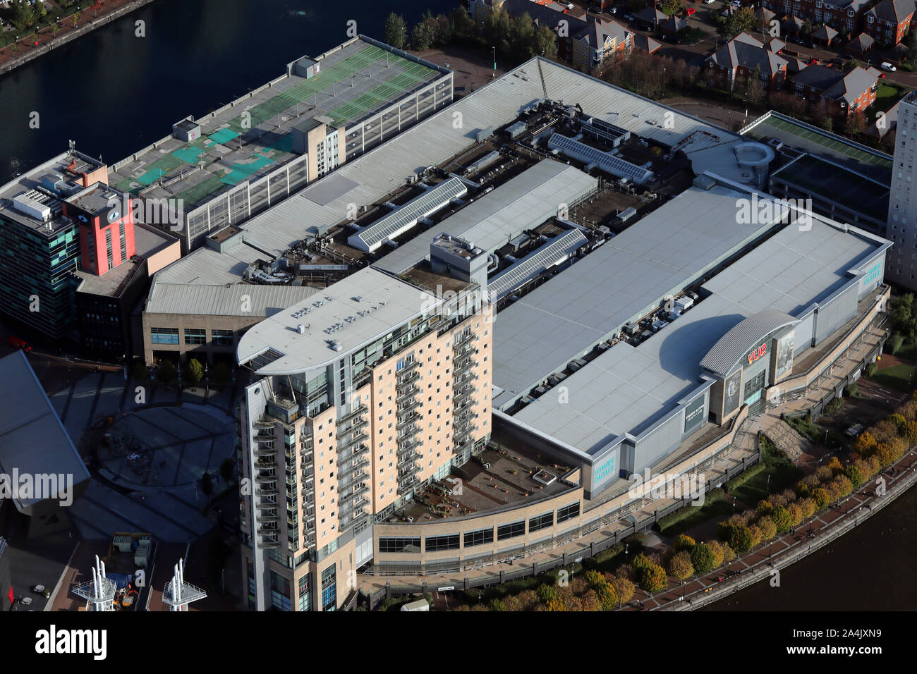 aerial view of The Lowry Outlet Mall at Salford Quays, Manchester, UK