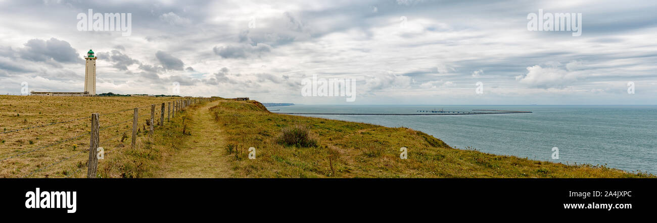La-Poterie-de-Cap-d'Antifer, Seine-Maritime / France - 14 August, 2019: panorama view of ocean and coast with green fields and jagged cliffs Stock Photo