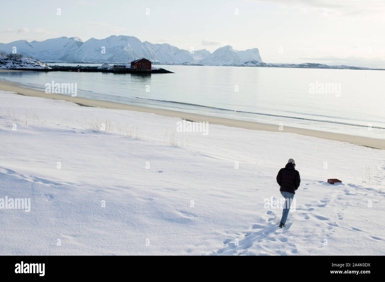 Woman walking along beach, Bøvær, Berg on Senja island, Northern Norway (Nord-Norge). Stock Photo