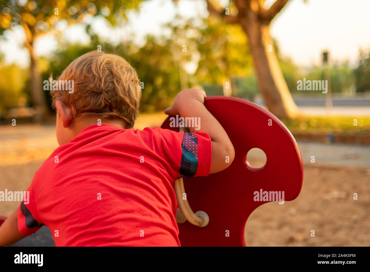 Little blond boy entertains himself on a park swing Stock Photo