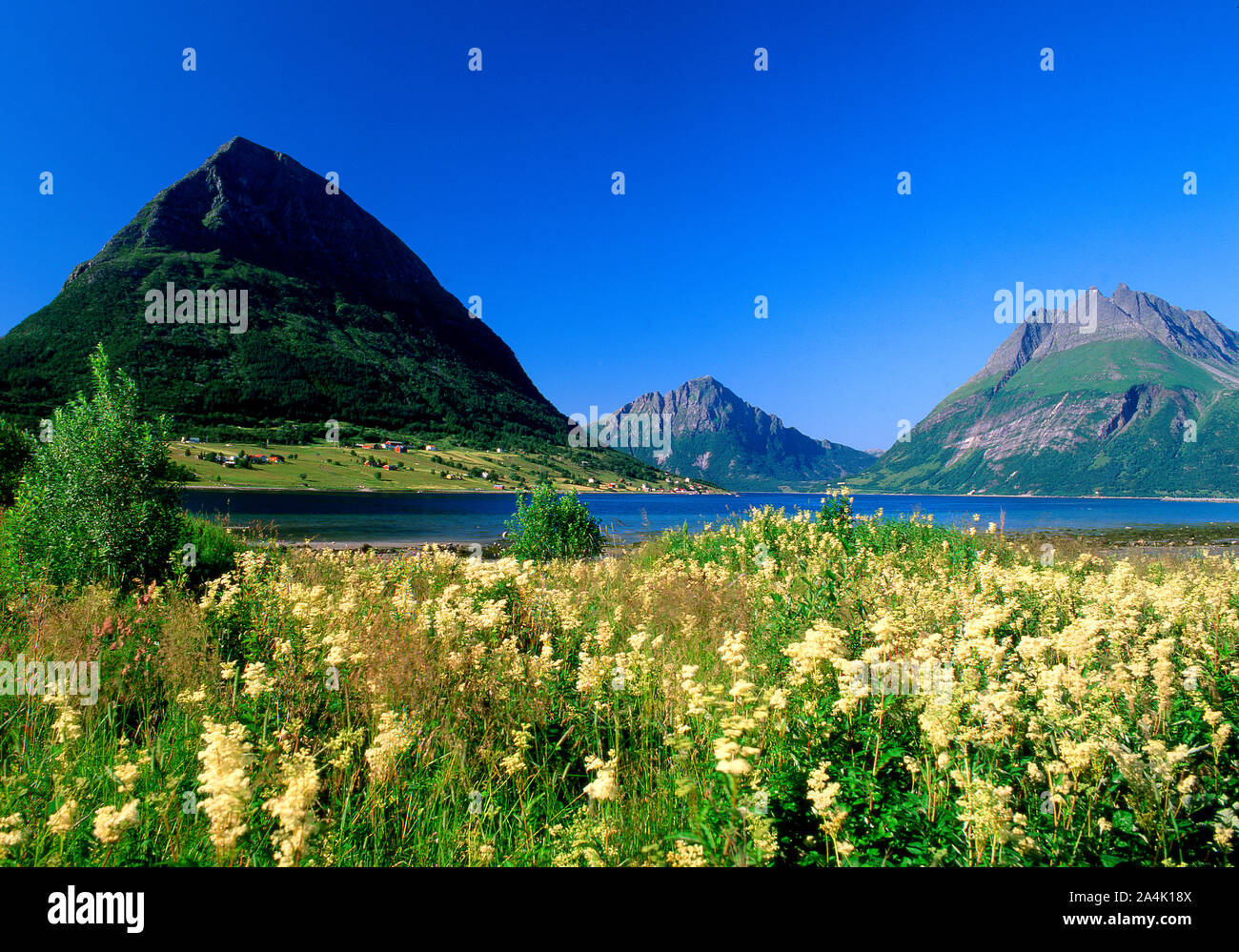 From Rv17 towards Aldersundet, Nordland. Island of Aldra at 967 m. Stock Photo