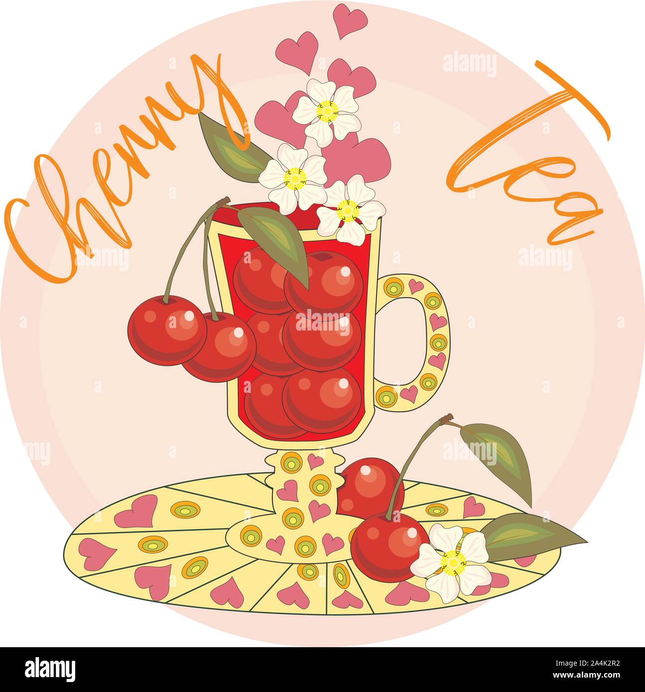 Cherry tea. Tea cooked with love. A tall glass for mulled wine with berries of cherry, decorated with leaves and flowers Stock Vector