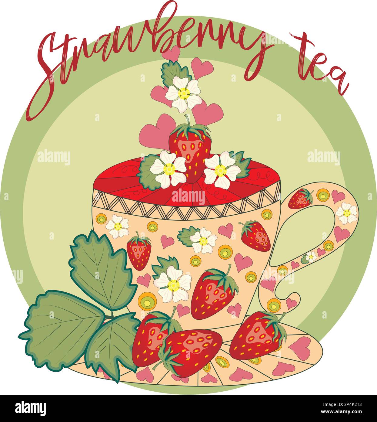 Strawberry tea. Tea cooked with love. A cup with strawberries, decorated with leaves and flowers Stock Vector